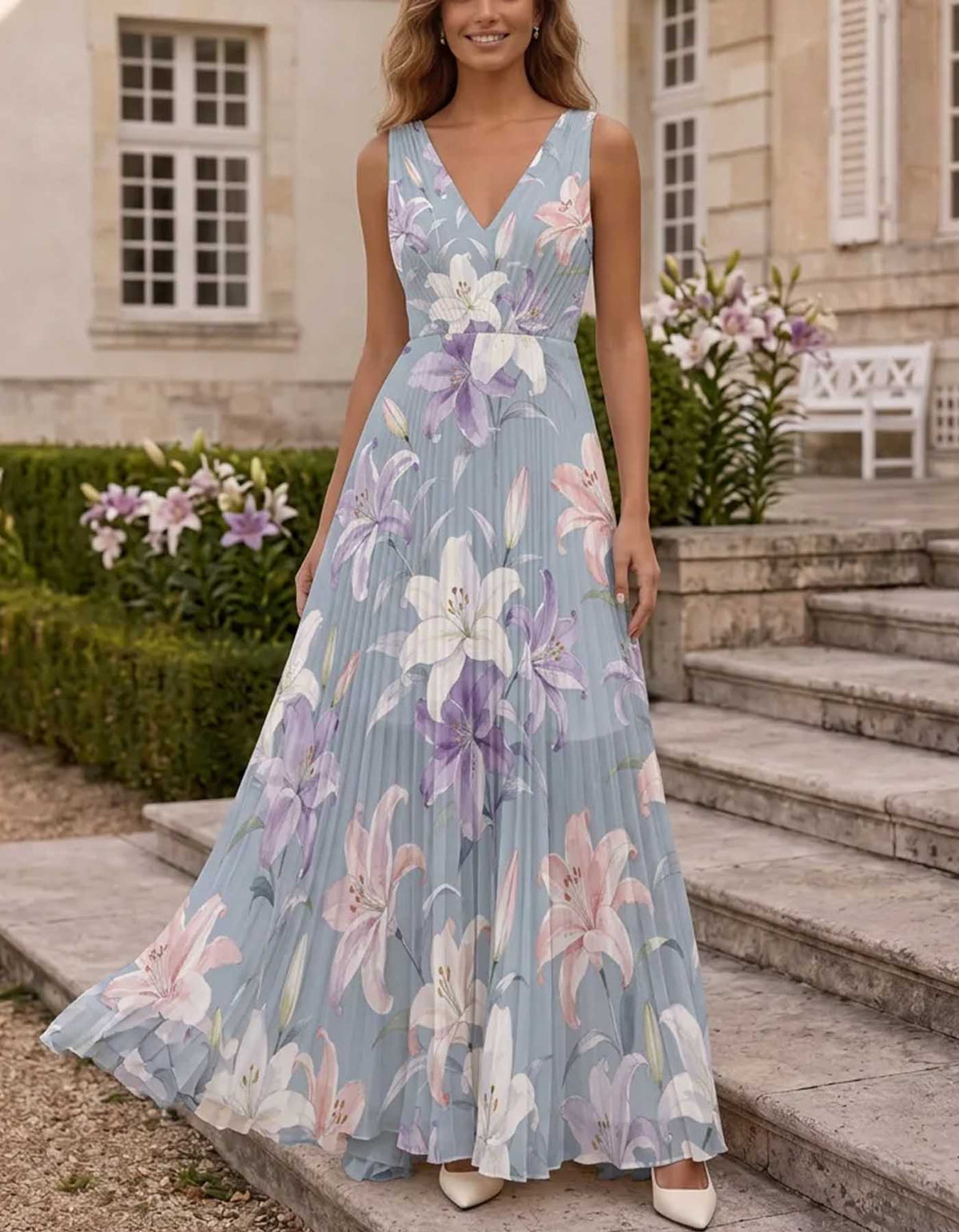 Vestido maxi de chiffon plissado com padrão floral azul poeirento
