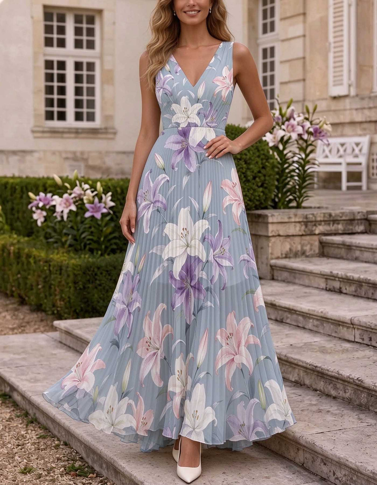 Vestido maxi de chiffon plissado com padrão floral azul poeirento