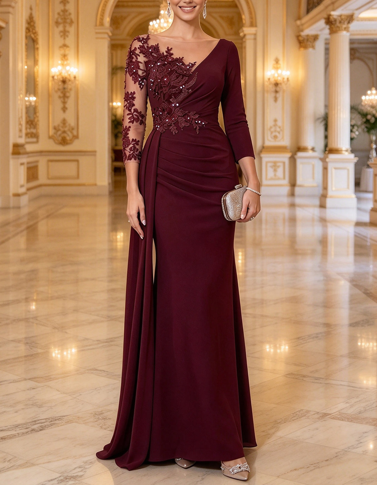 Vestido largo burdeos asimétrico con mangas de encaje