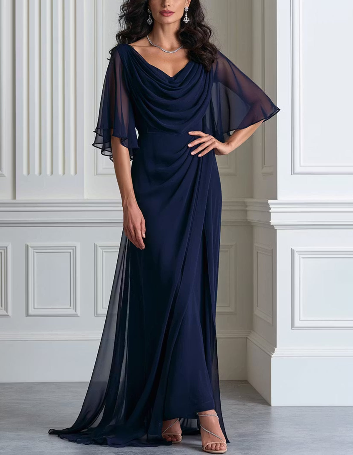 Navy Blue Chiffon Cowl Neck Maxi Dress