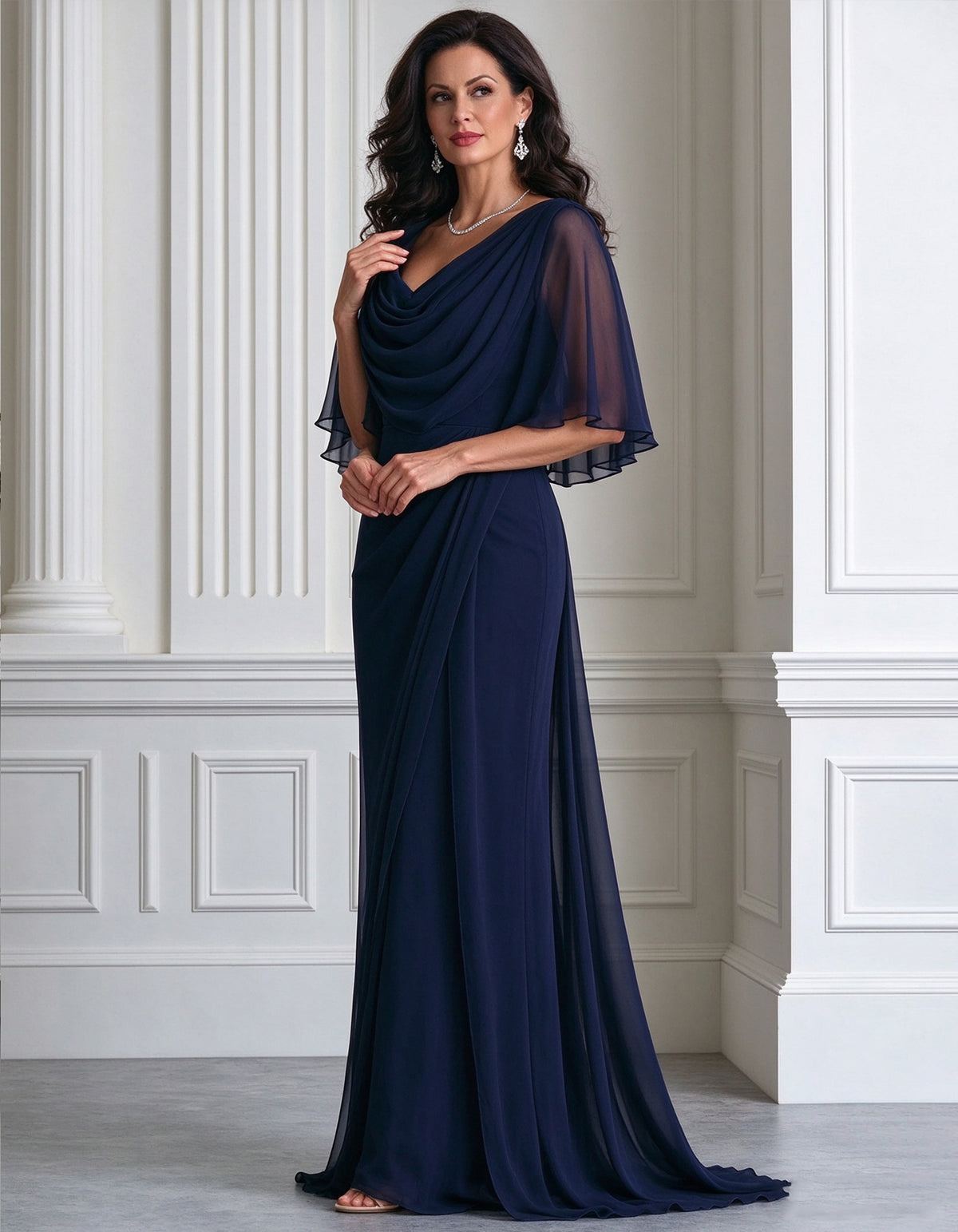 Navy Blue Chiffon Cowl Neck Maxi Dress