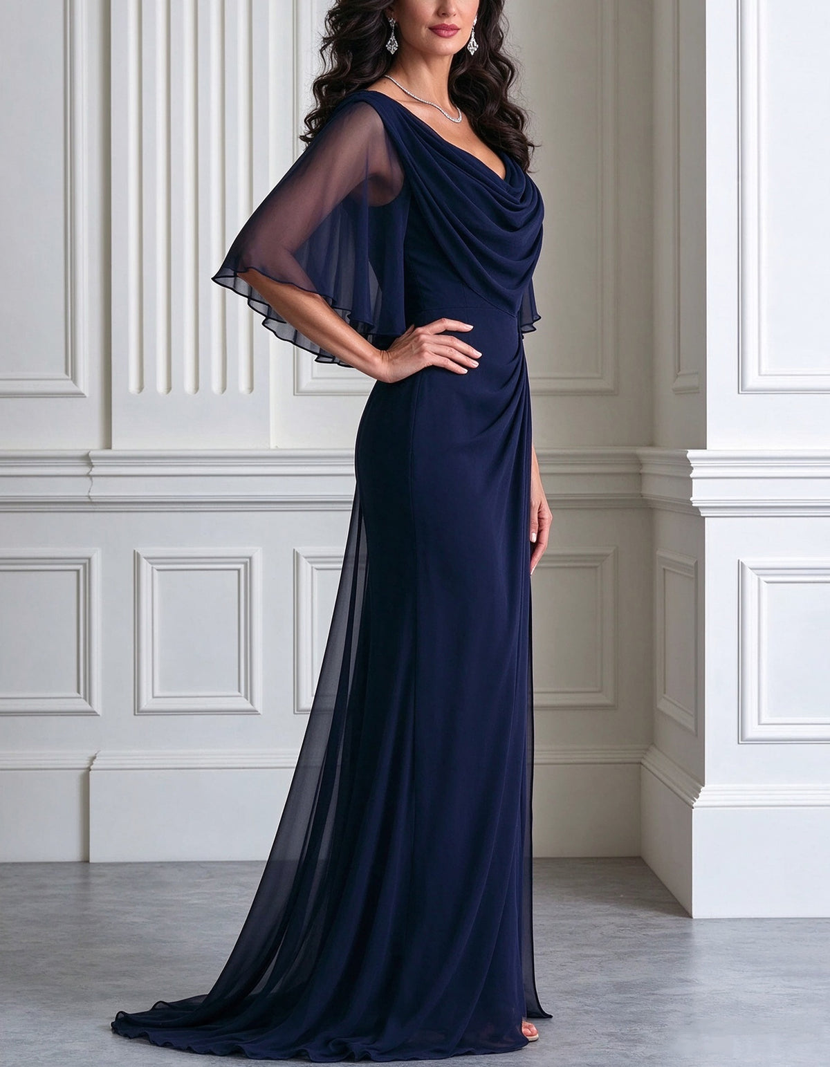 Navy Blue Chiffon Cowl Neck Maxi Dress