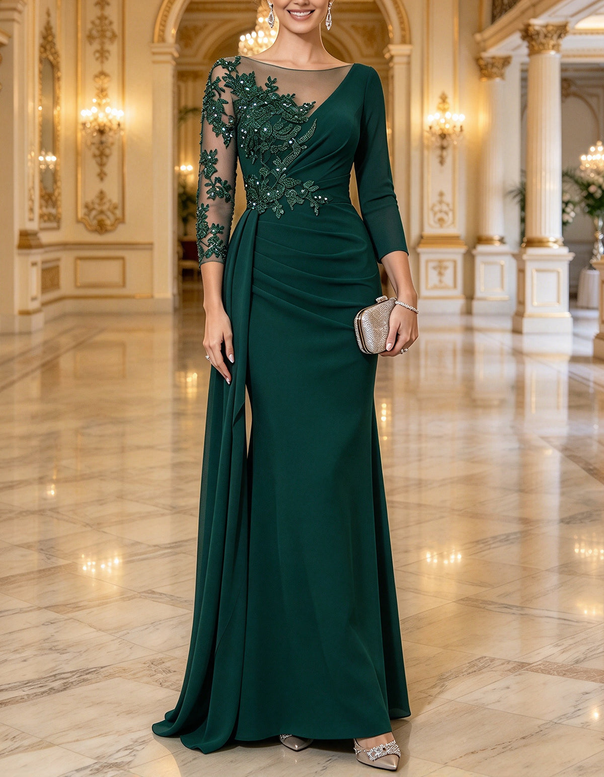 Vestido largo burdeos asimétrico con mangas de encaje