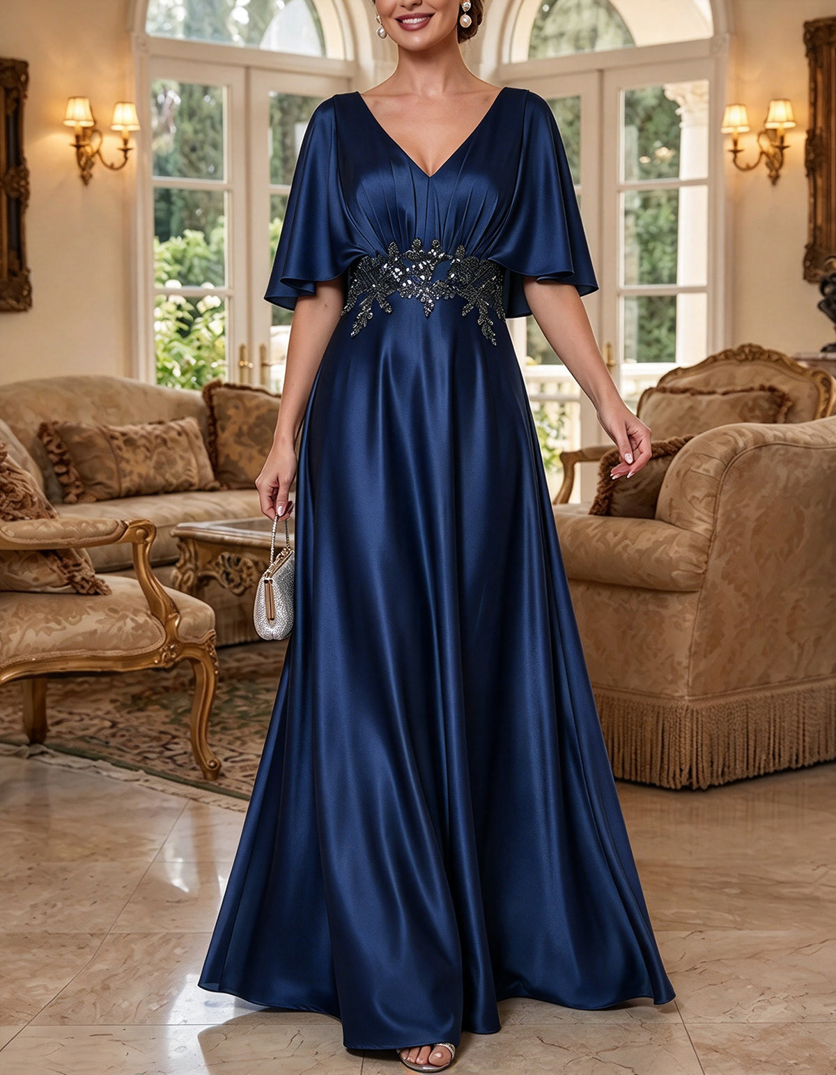 Vestido largo de satén verde salvia con mangas tipo capa y volantes fluidos