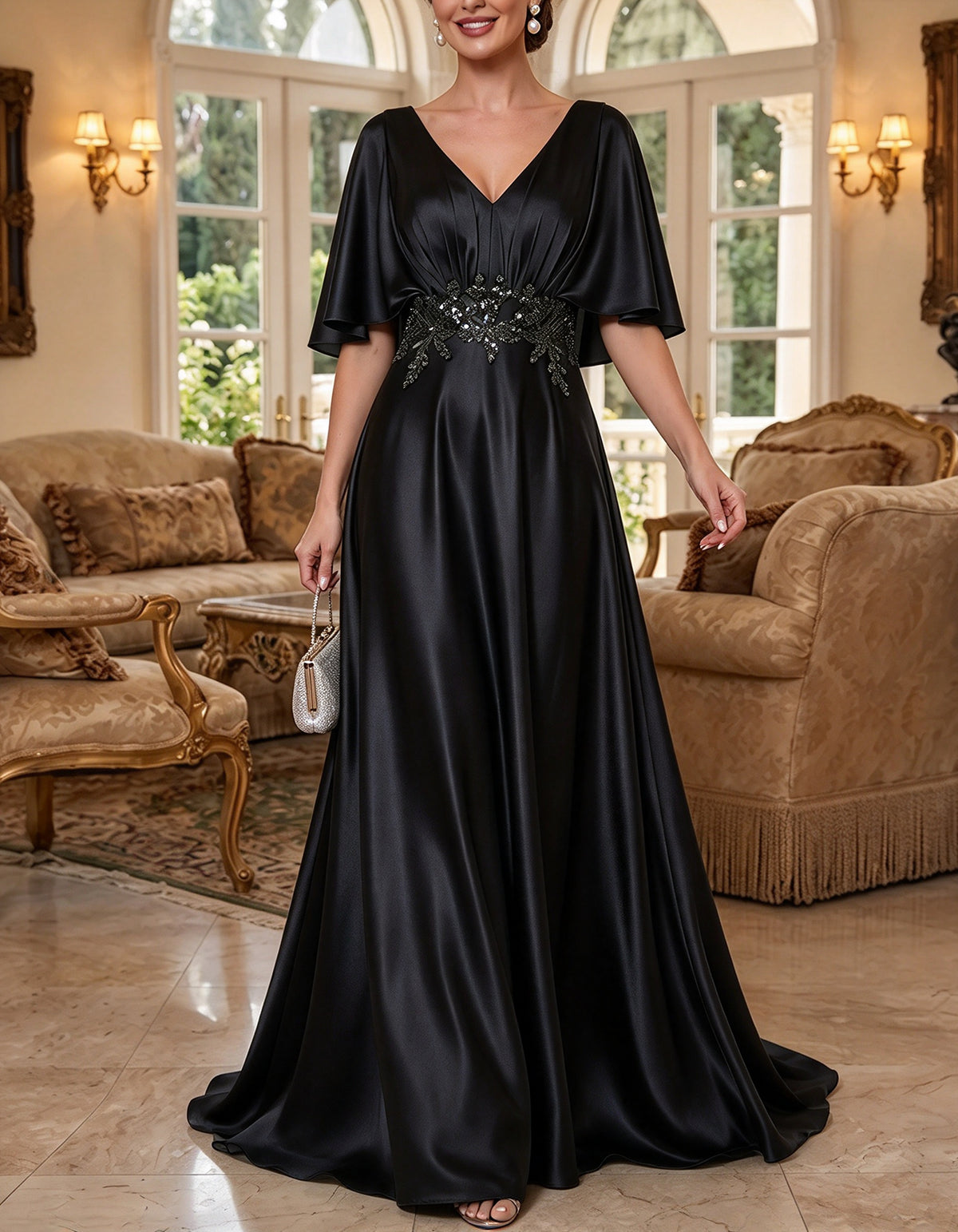 Vestido largo de satén verde salvia con mangas tipo capa y volantes fluidos