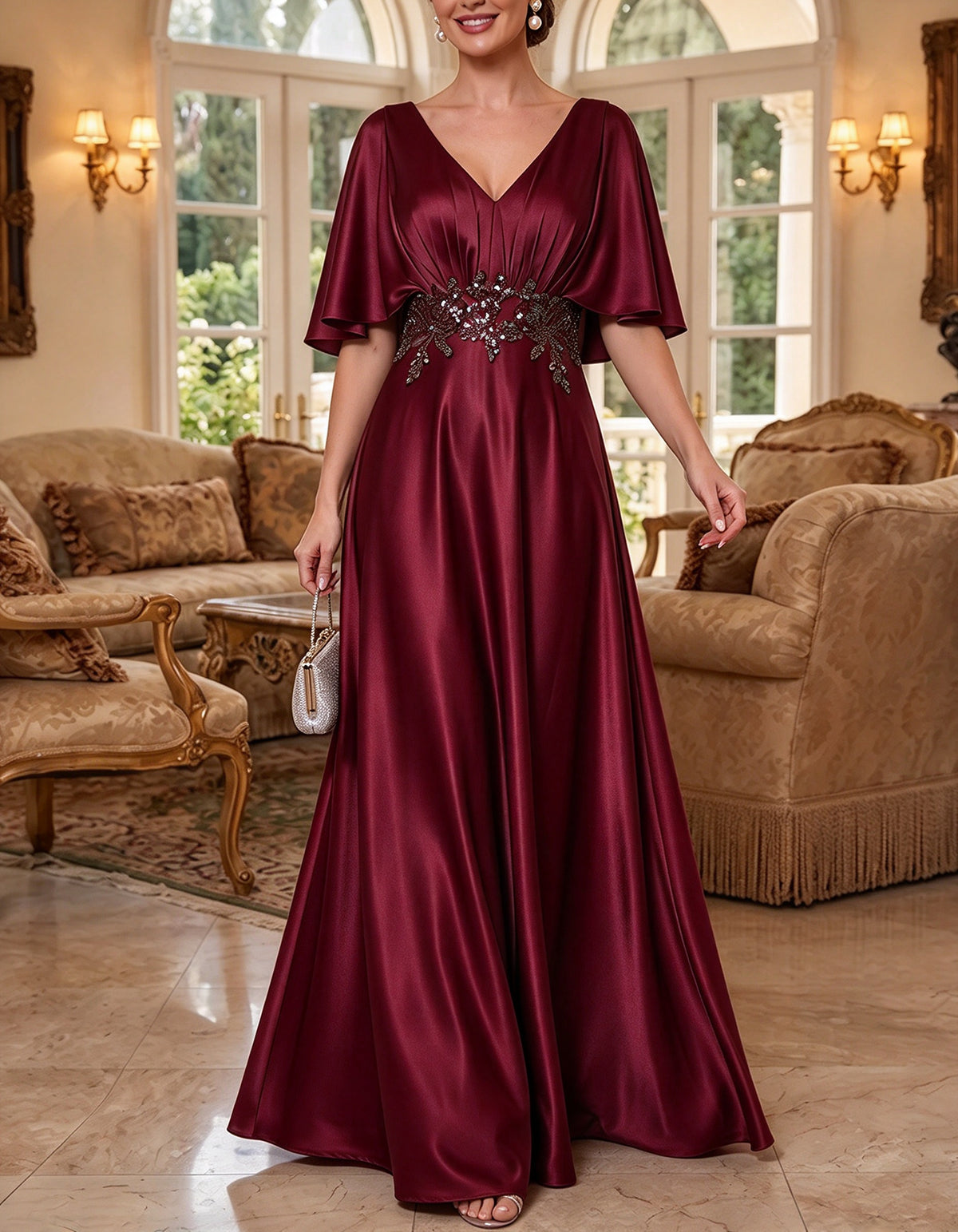 Vestido largo de satén verde salvia con mangas tipo capa y volantes fluidos