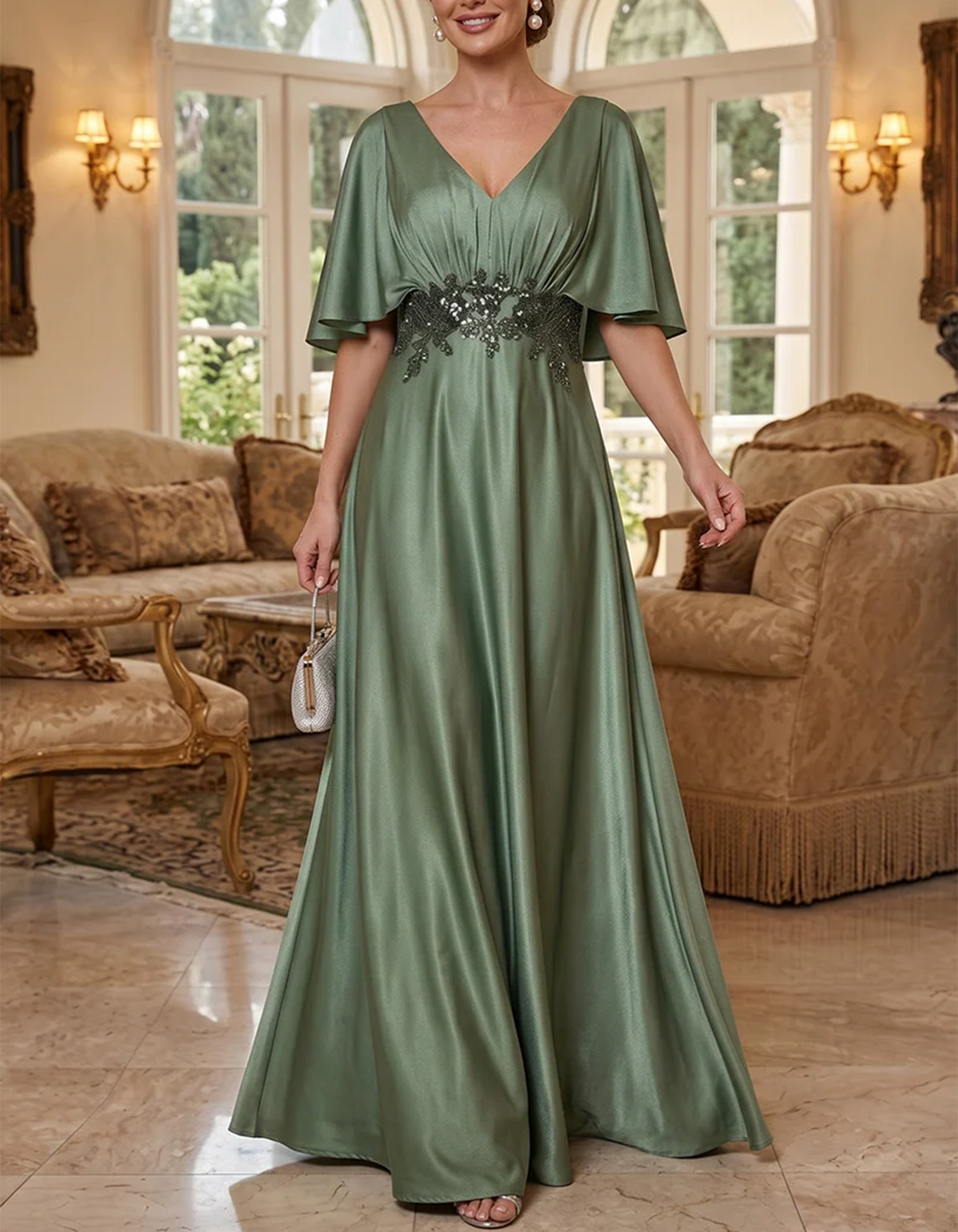 Vestido largo de satén verde salvia con mangas tipo capa y volantes fluidos