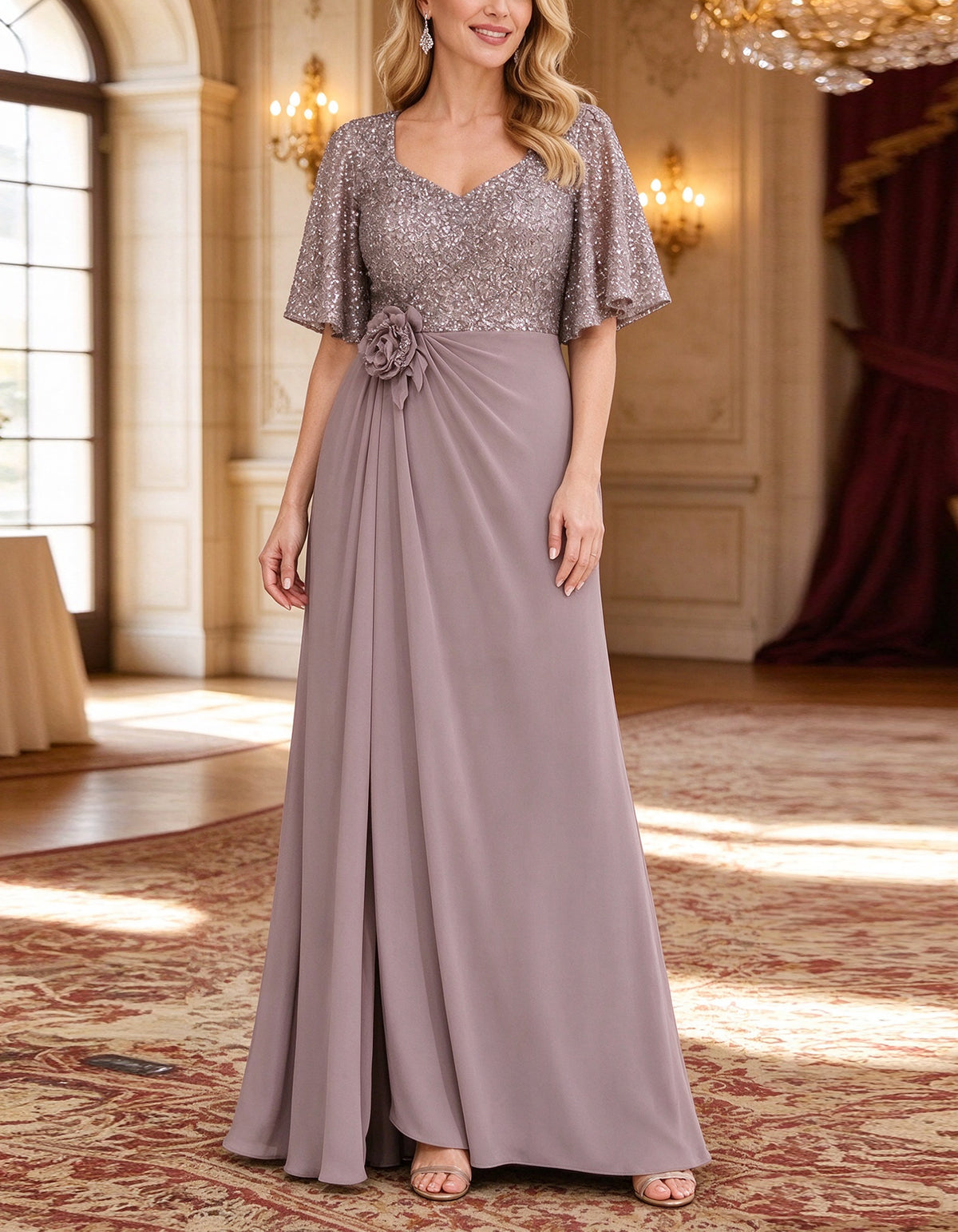 Robe longue en mousseline de soie à sequins gris violacé