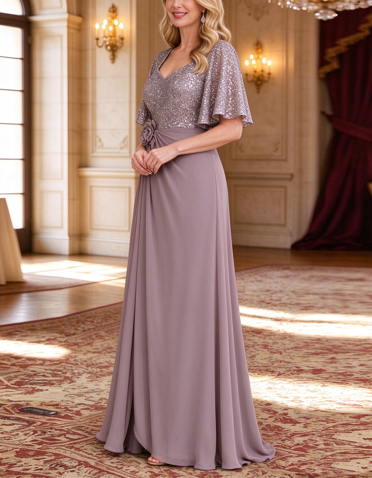 Robe longue en mousseline de soie à sequins gris violacé