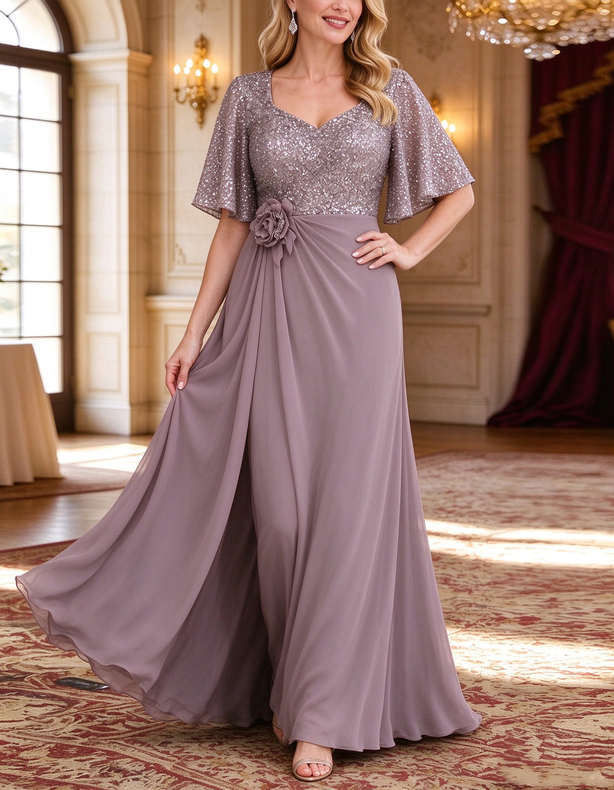 Robe longue en mousseline de soie à sequins gris violacé