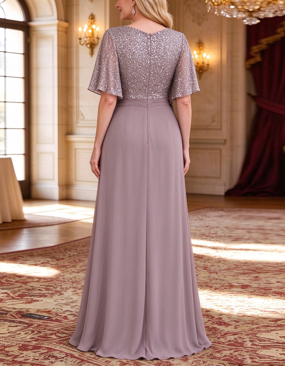 Robe longue en mousseline de soie à sequins gris violacé