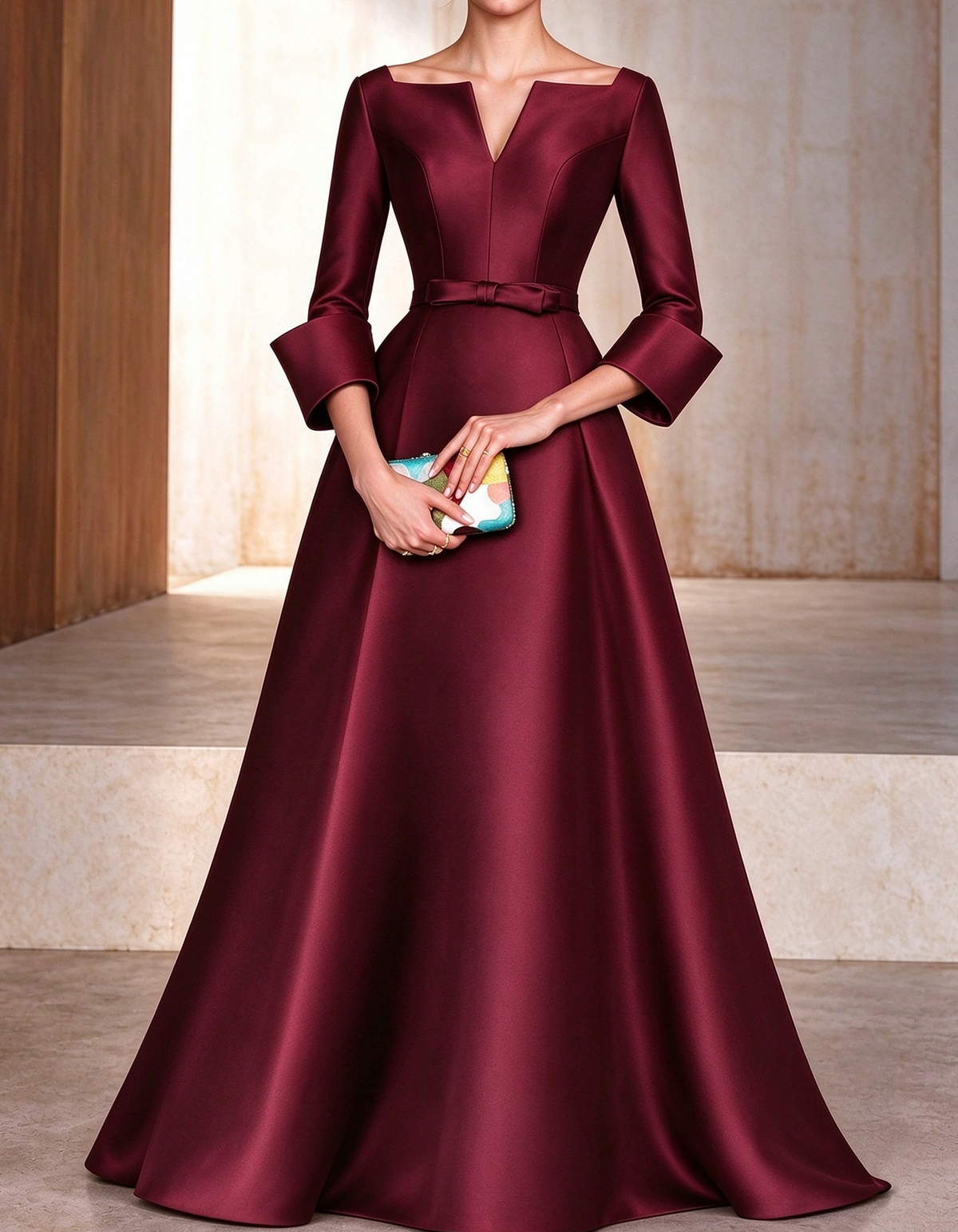 Vestido de noche largo de satén en línea A con escote en V con muesca