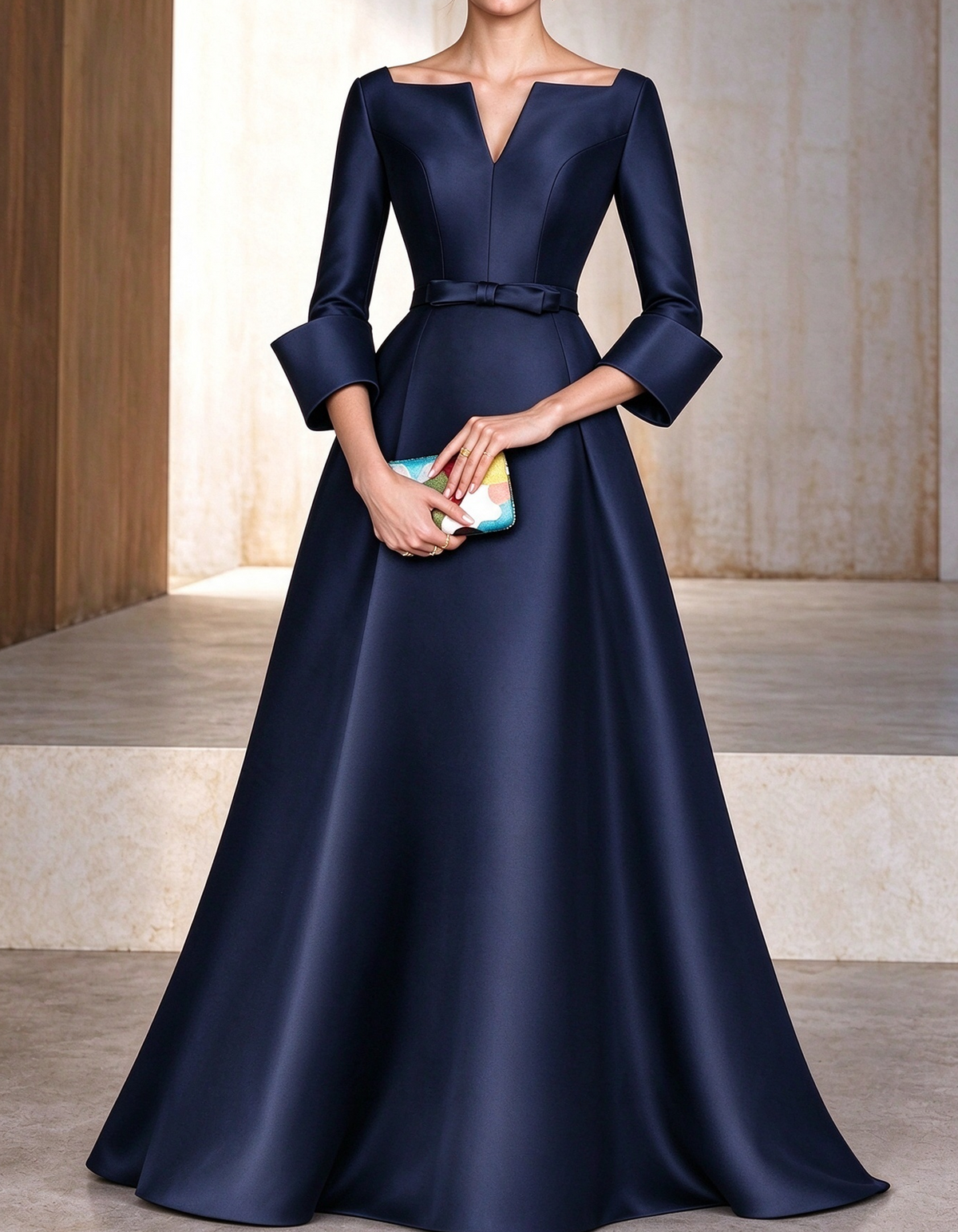 Vestido de noche largo de satén en línea A con escote en V con muesca