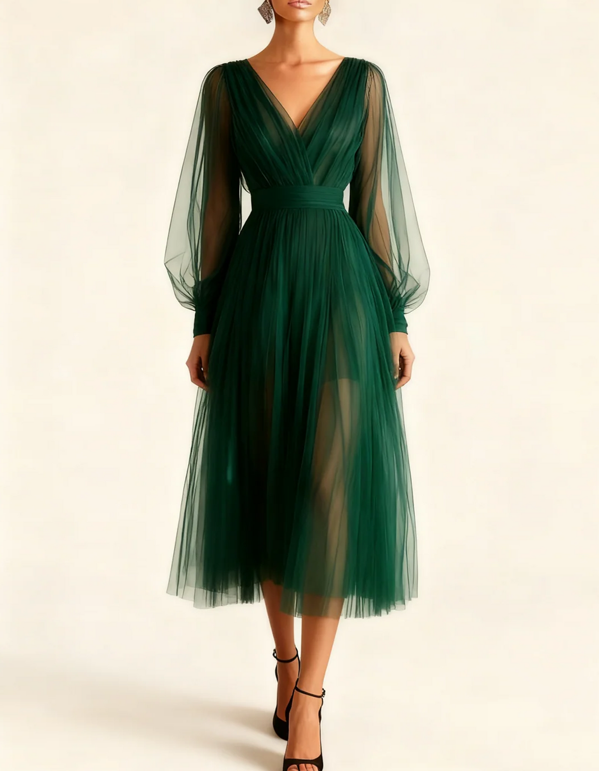 Vestido midi de tul con escote en V y mangas abullonadas transparentes