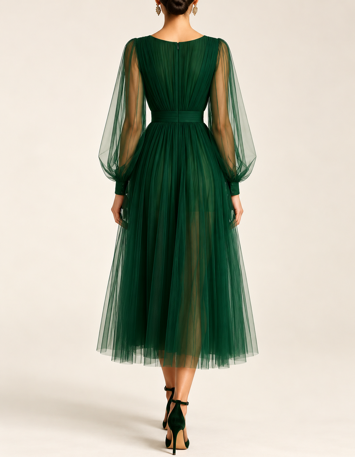 Vestido midi de tul con escote en V y mangas abullonadas transparentes