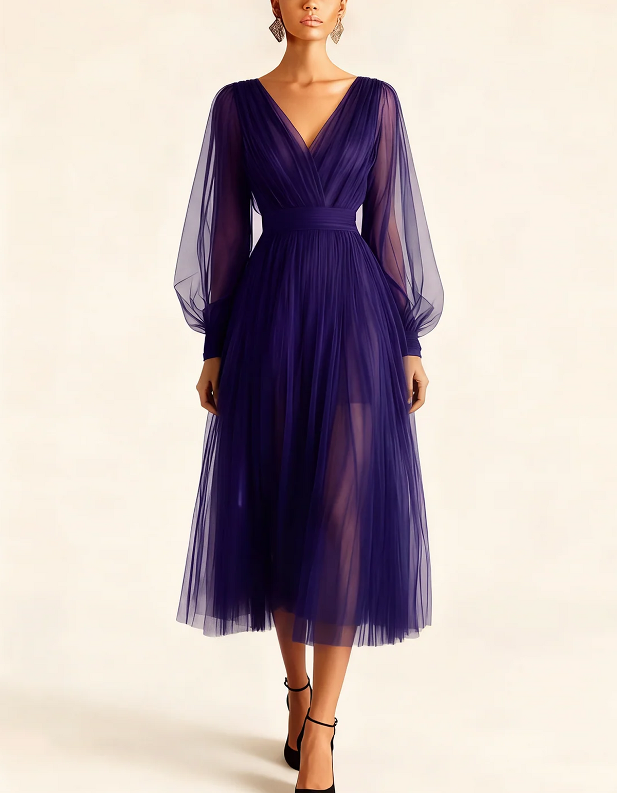 Vestido midi de tul con escote en V y mangas abullonadas transparentes