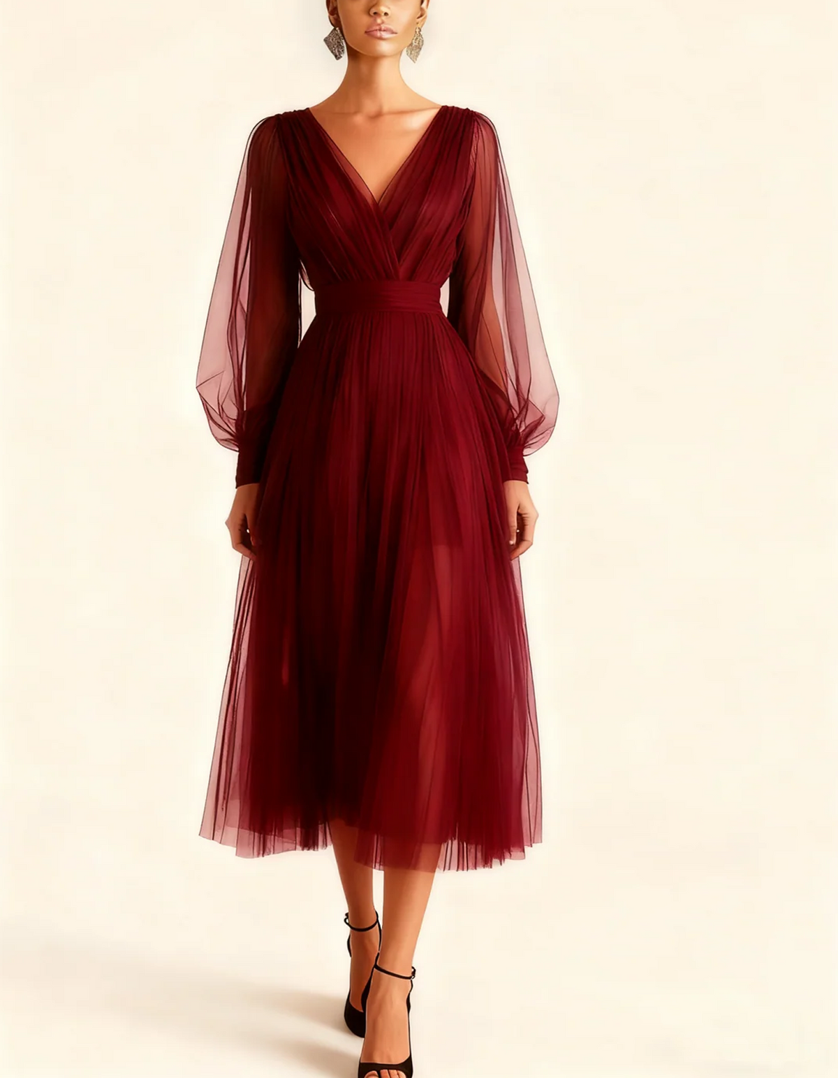 Vestido midi de tul con escote en V y mangas abullonadas transparentes