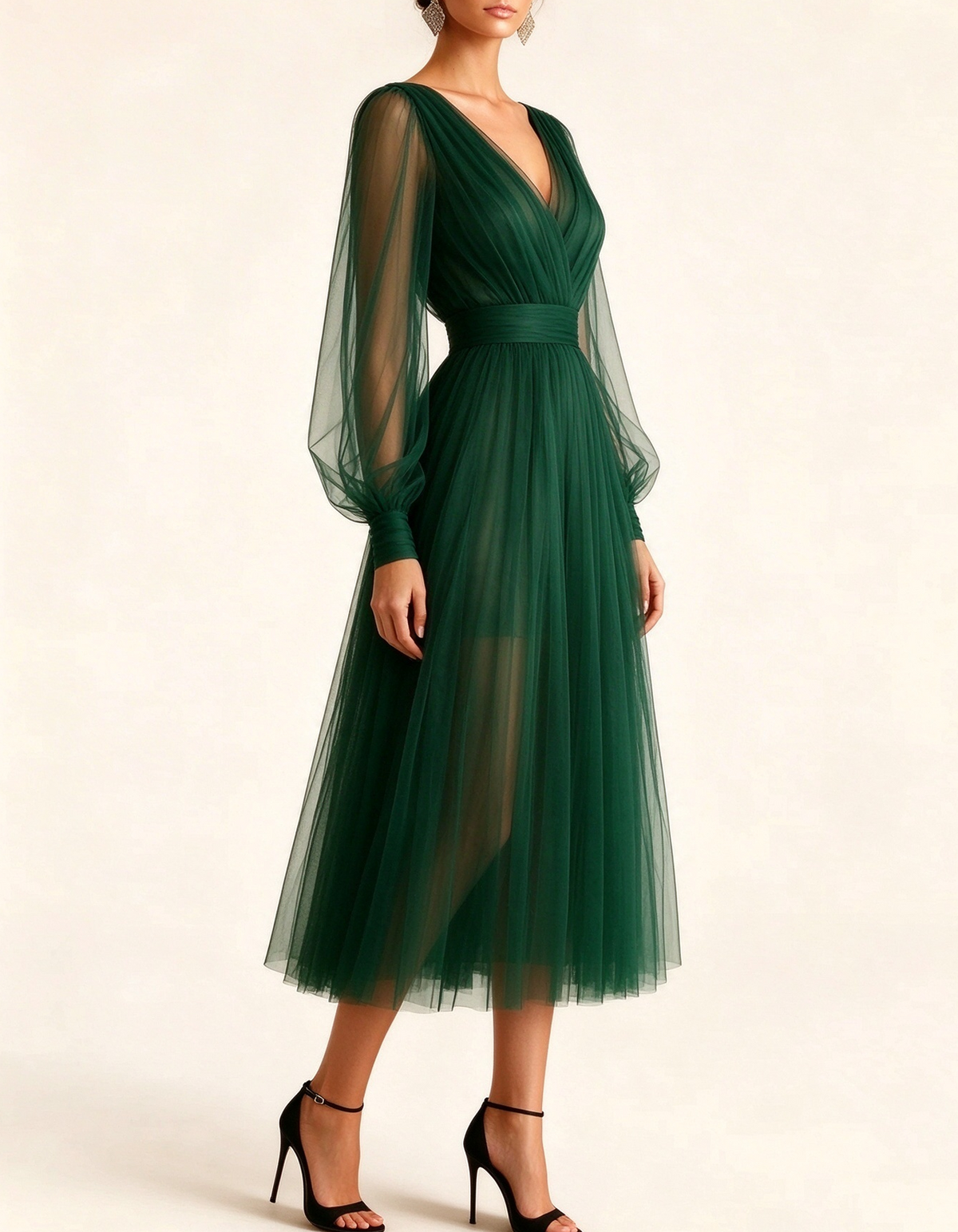 Vestido midi de tul con escote en V y mangas abullonadas transparentes