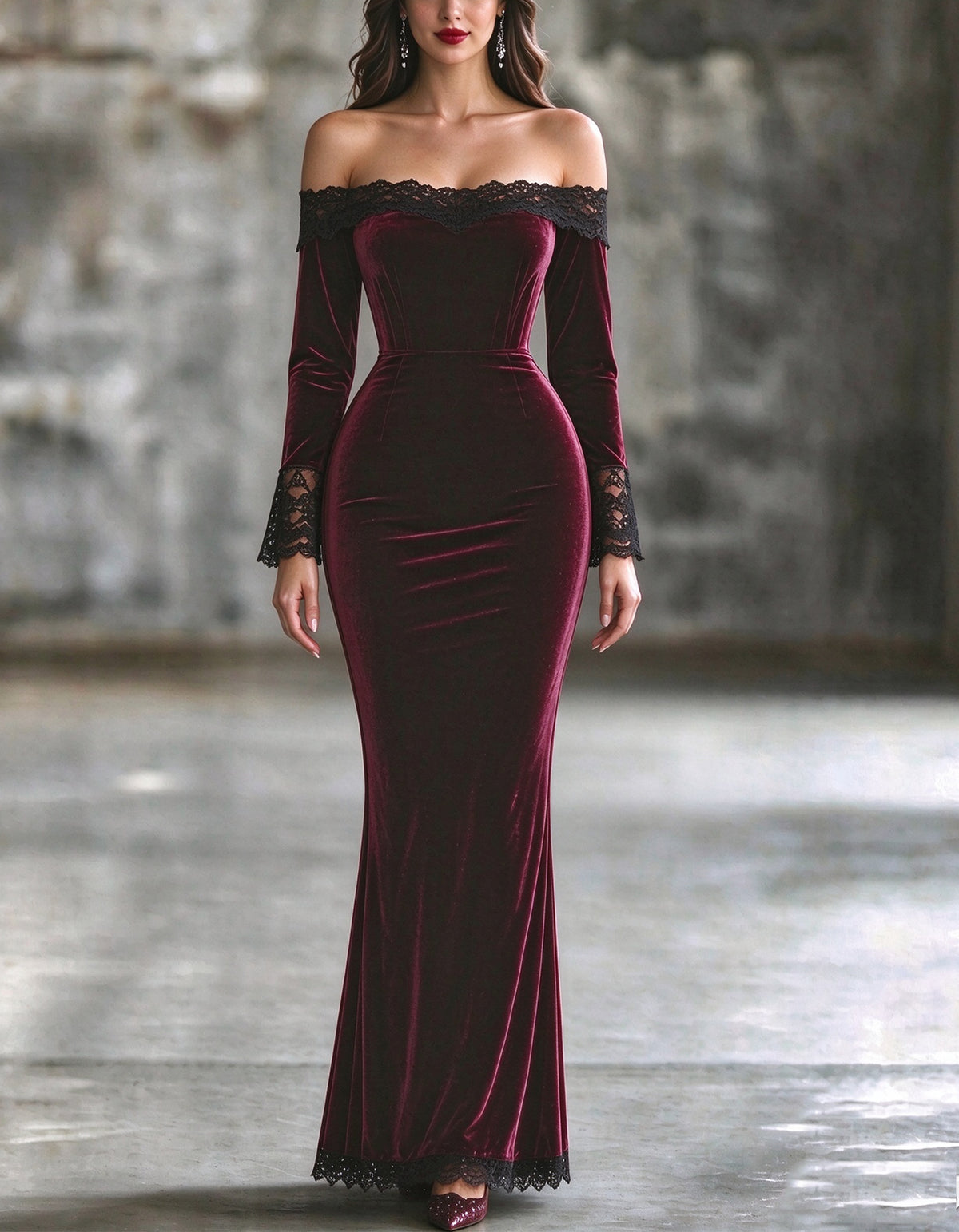 Robe longue en velours bordeaux à épaules dénudées