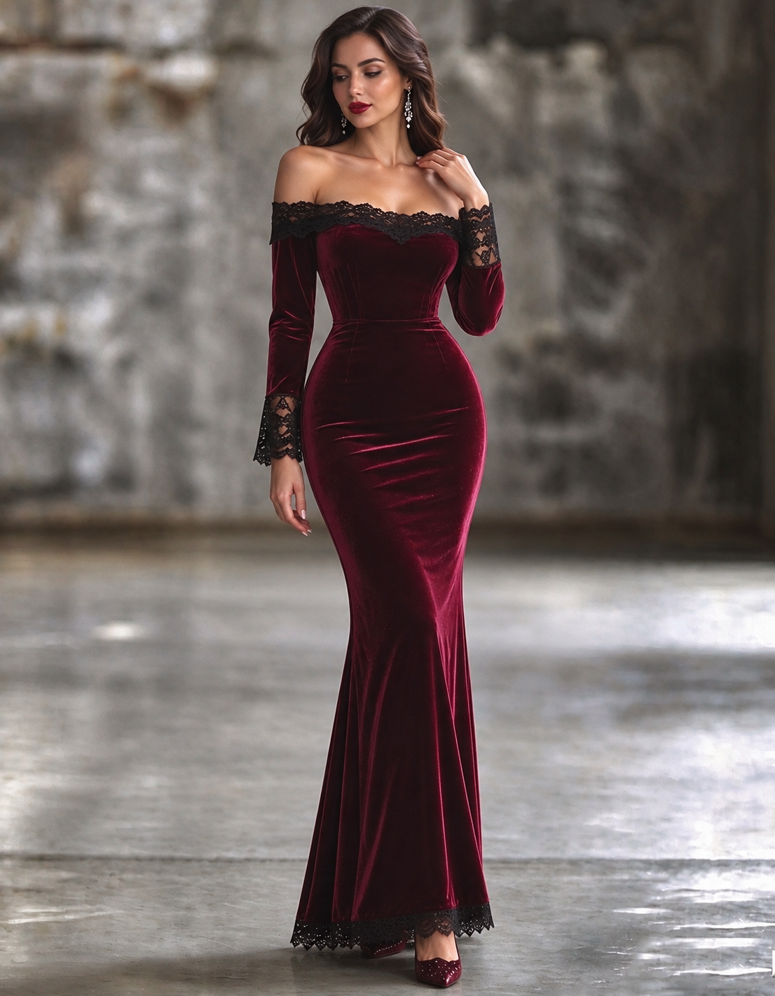 Robe longue en velours bordeaux à épaules dénudées