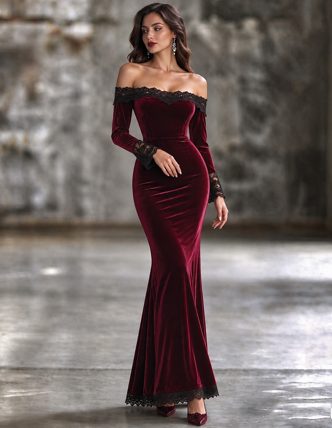 Robe longue en velours bordeaux à épaules dénudées