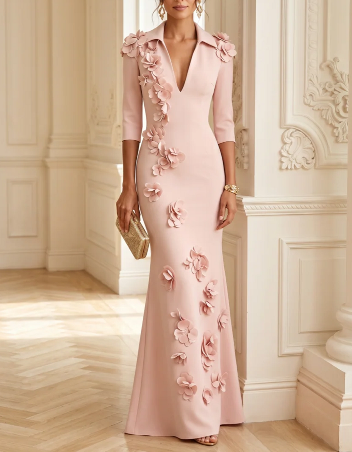 Vestido largo rosa de crepé con flores 3D y corte sirena