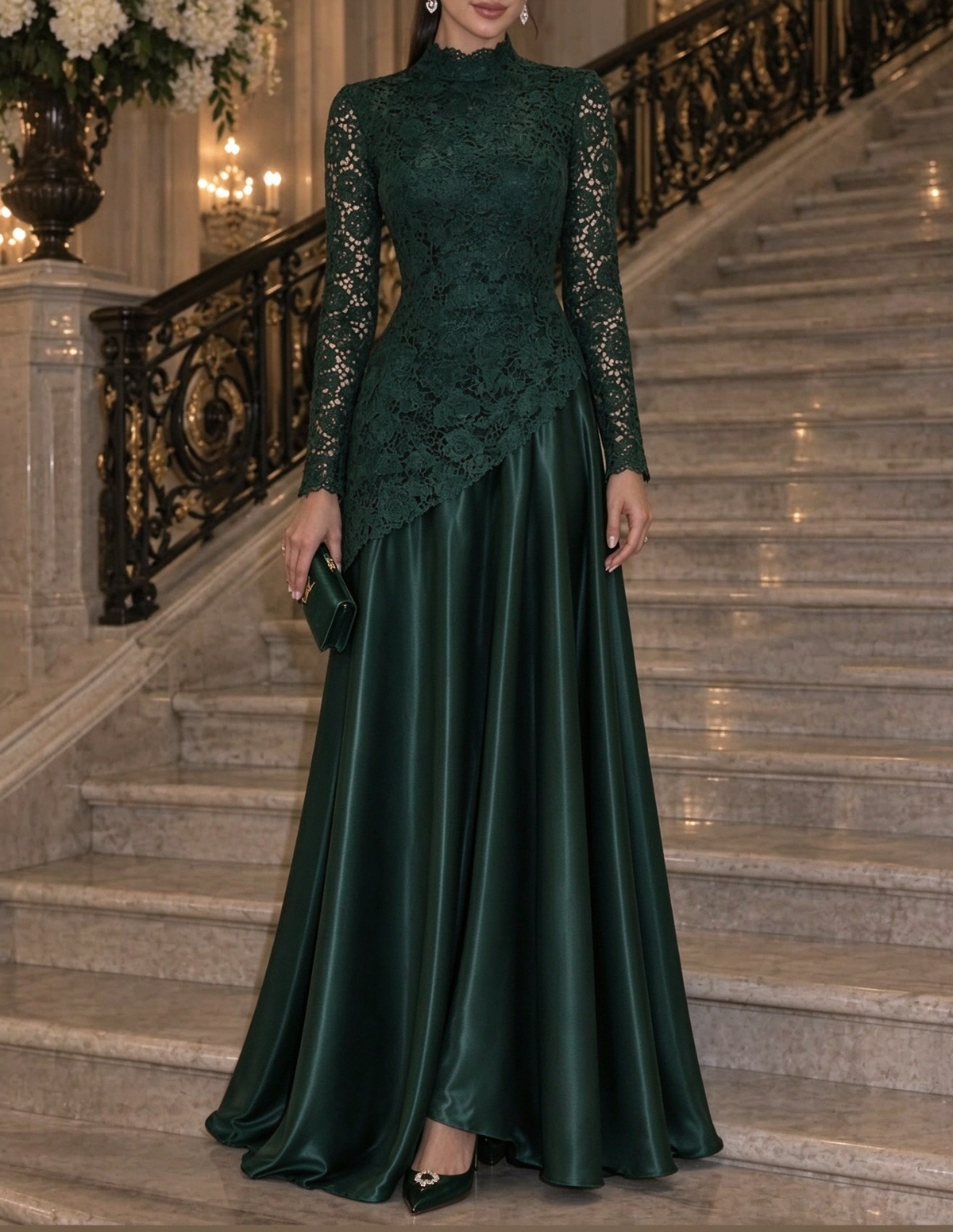 Vestido de noite comprido de cetim com renda, corte em A, gola subida e mangas compridas