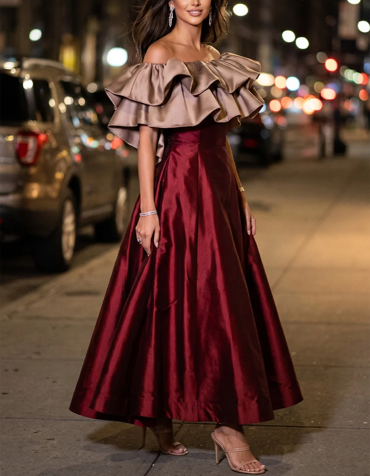 Vestido midi de satén burdeos con un hombro descubierto y volantes en contraste