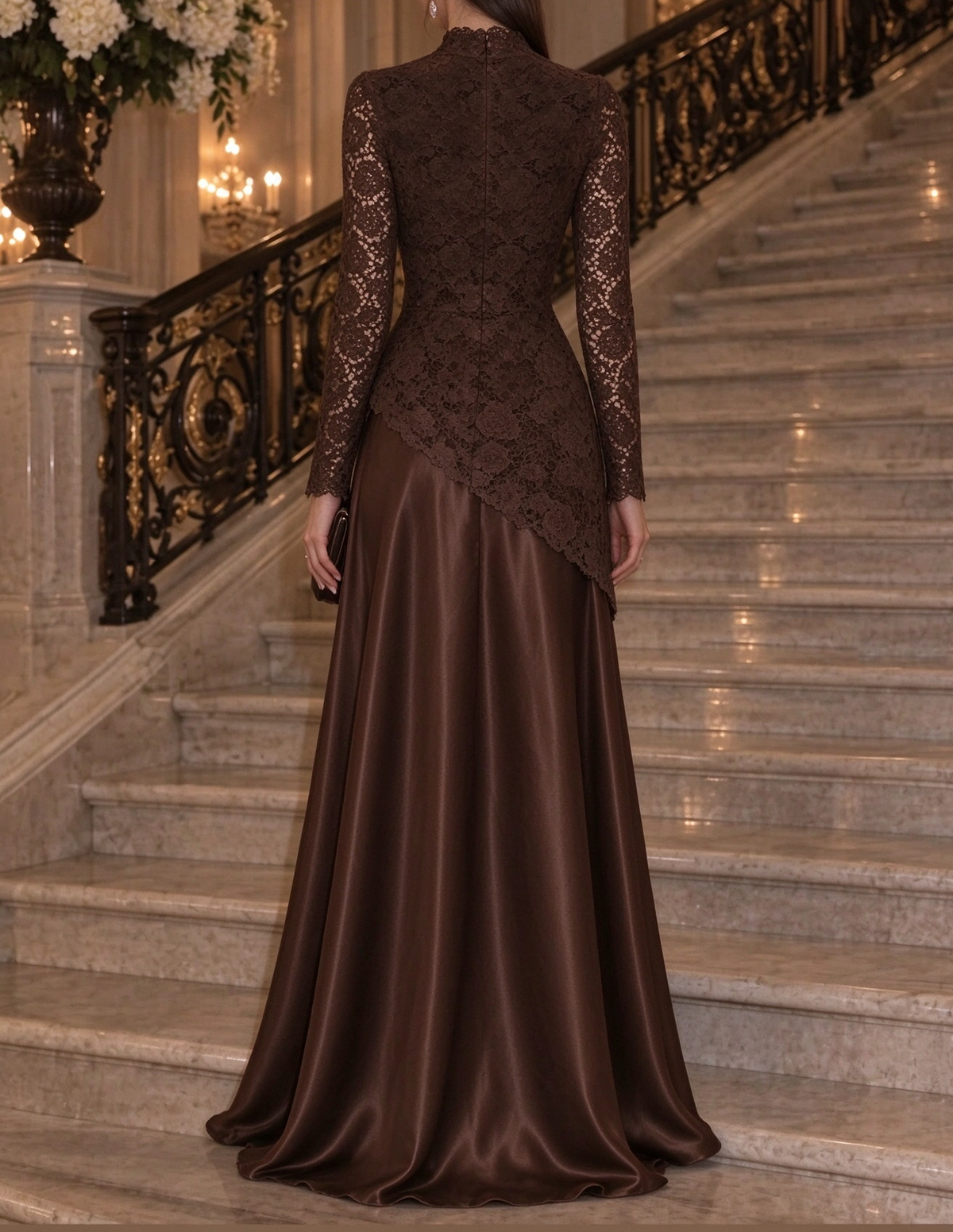 Vestido de noite comprido de cetim com renda, corte em A, gola subida e mangas compridas