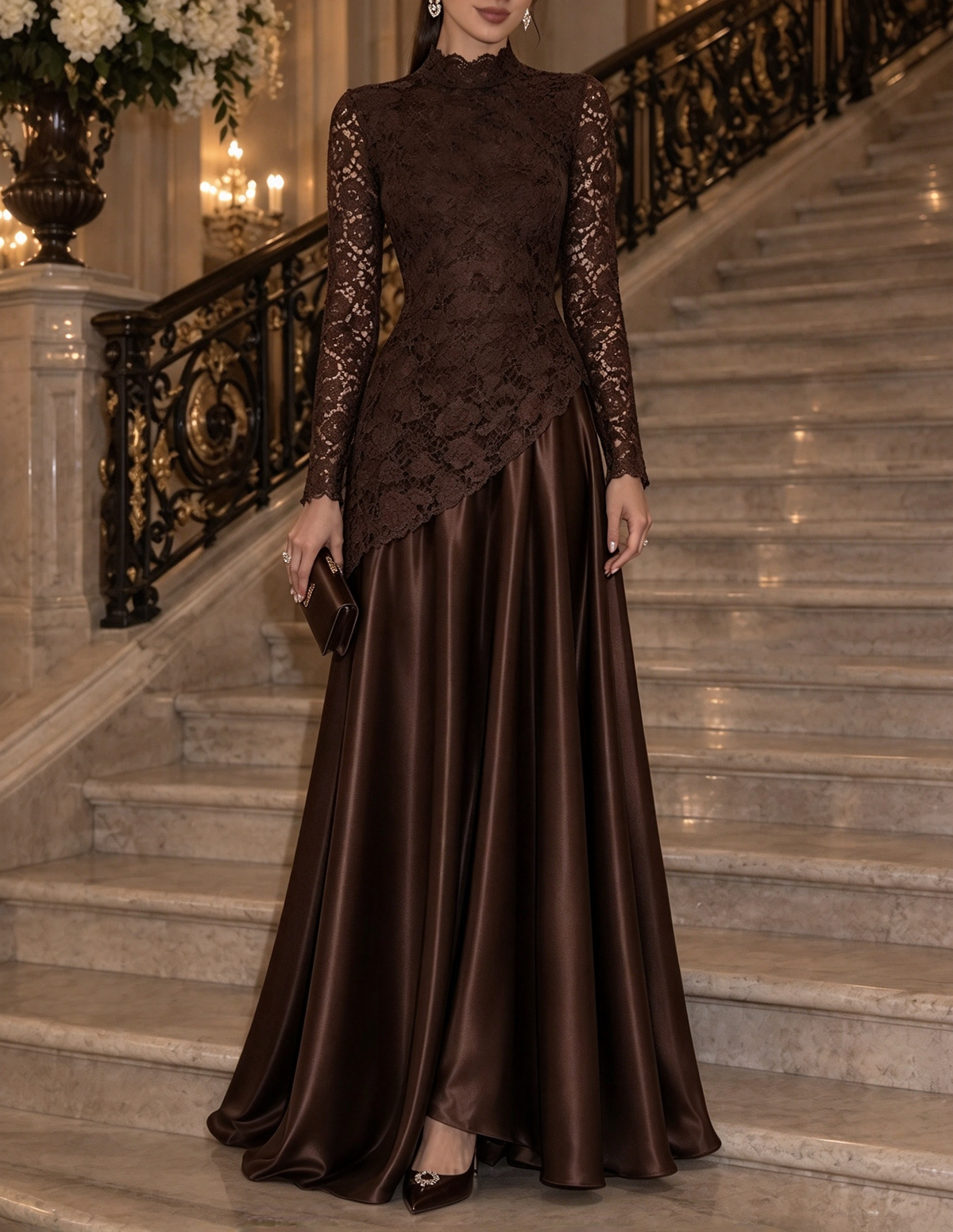 Vestido de noite comprido de cetim com renda, corte em A, gola subida e mangas compridas