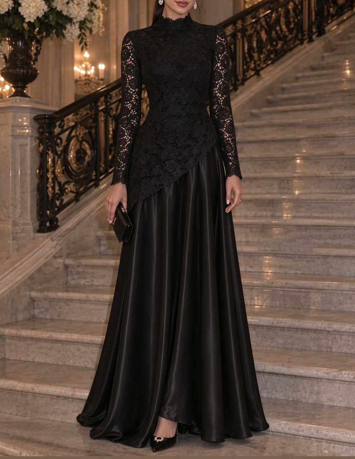 Vestido de noite comprido de cetim com renda, corte em A, gola subida e mangas compridas