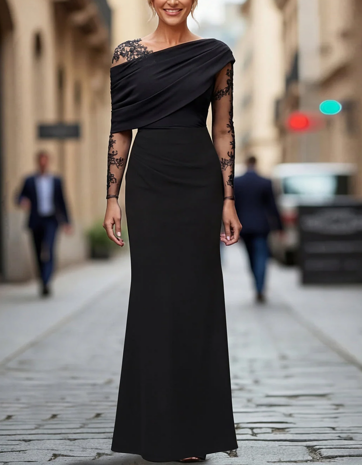 Vestido largo negro de sirena con hombros descubiertos y mangas de encaje