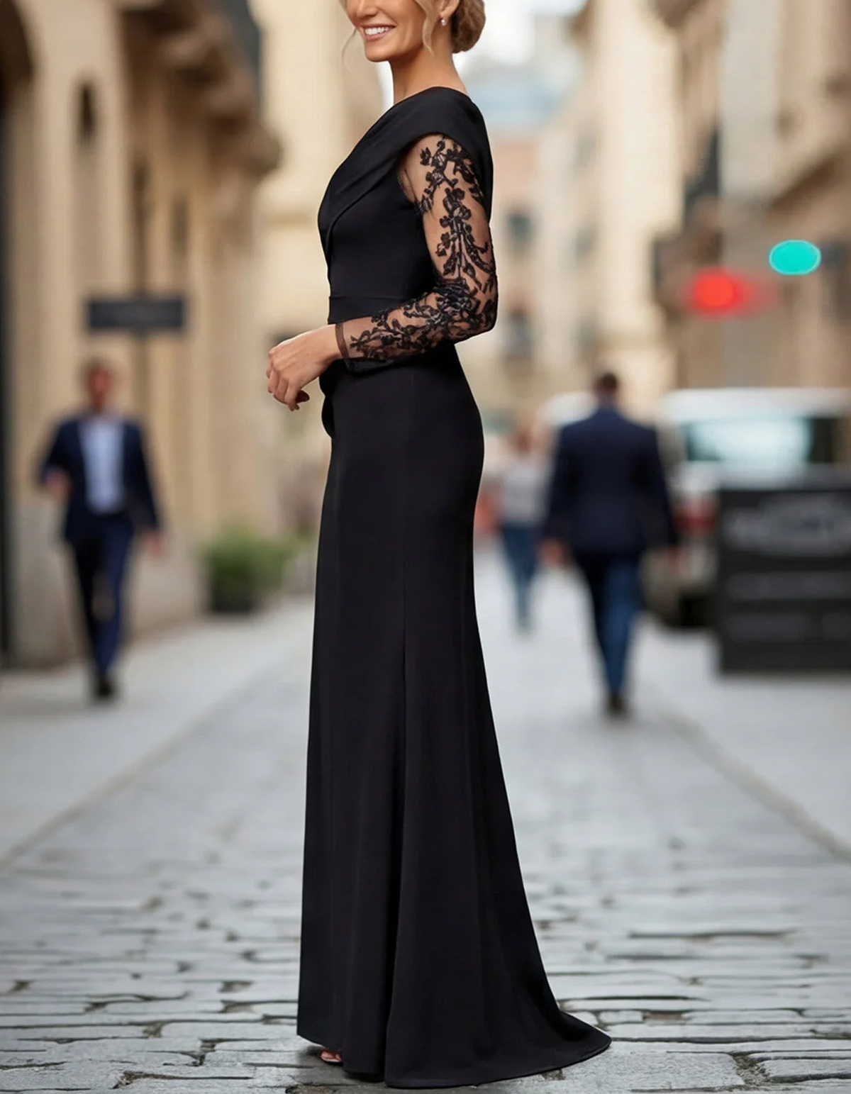 Vestido largo negro de sirena con hombros descubiertos y mangas de encaje