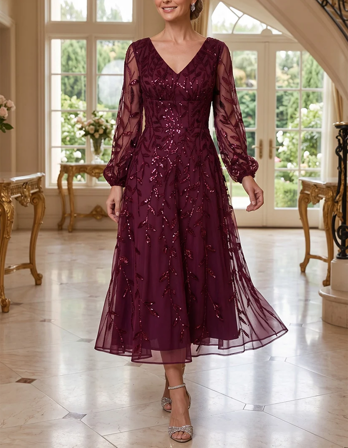 Vestido largo de tul burdeos con escote en V, mangas largas abullonadas y lentejuelas