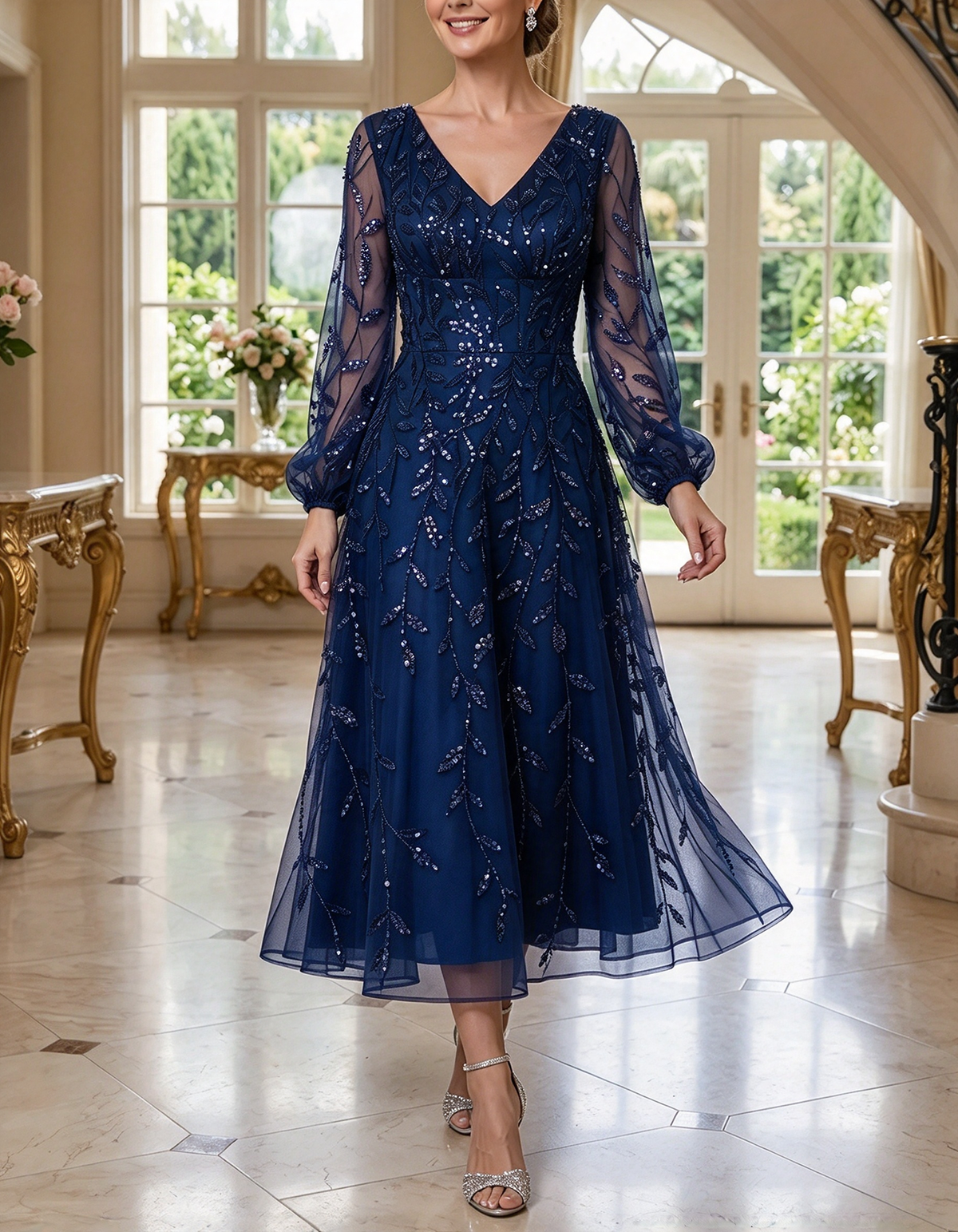 Vestido largo de tul burdeos con escote en V, mangas largas abullonadas y lentejuelas