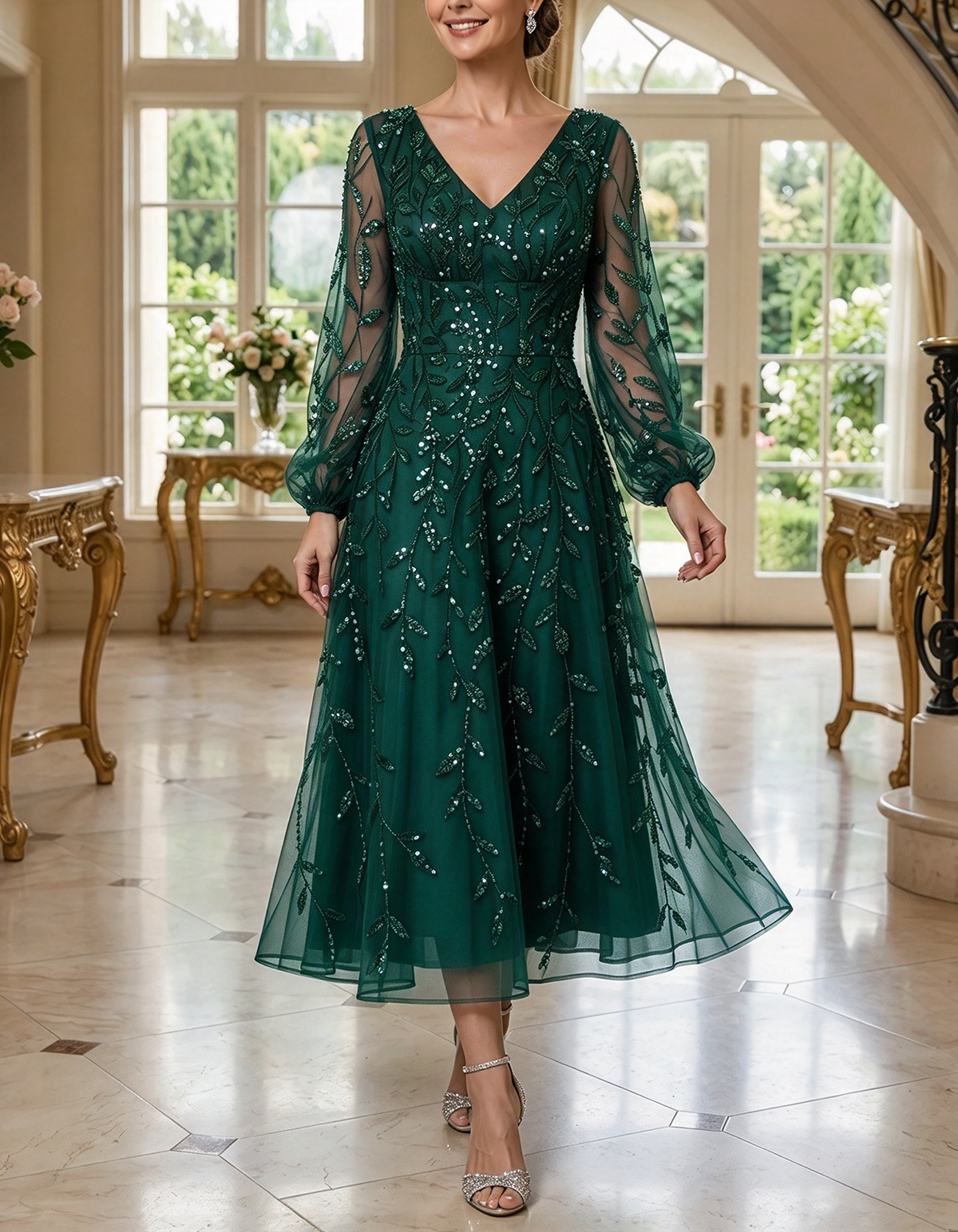 Vestido largo de tul burdeos con escote en V, mangas largas abullonadas y lentejuelas