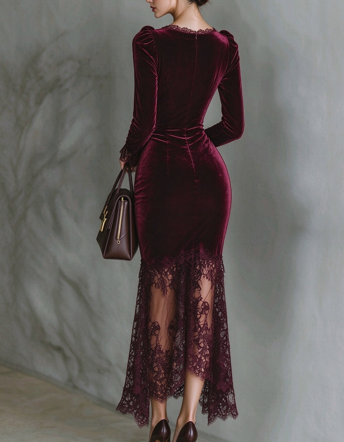 Vestido midi de terciopelo con escote cuadrado y bajo de encaje