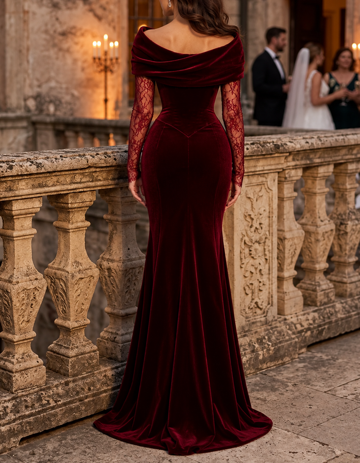 Vestido largo de terciopelo burdeos con hombros descubiertos, drapeado y mangas de encaje