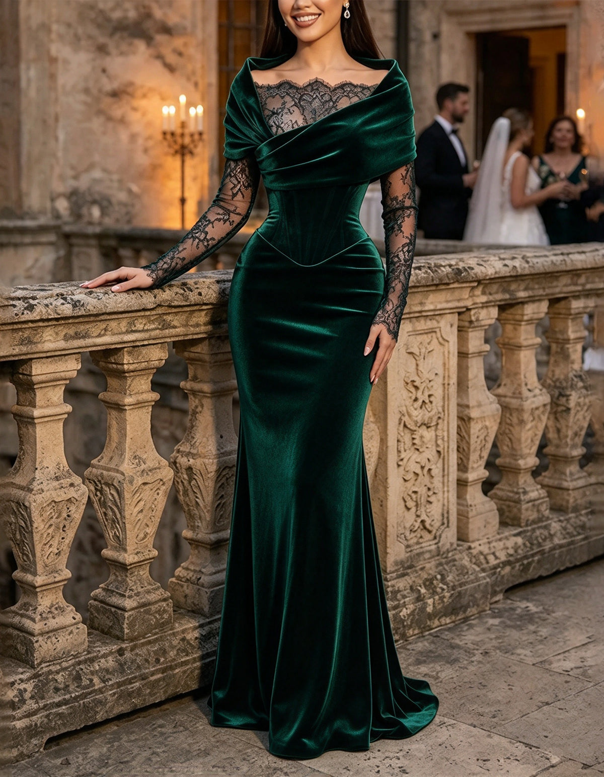 Vestido largo de terciopelo burdeos con hombros descubiertos, drapeado y mangas de encaje