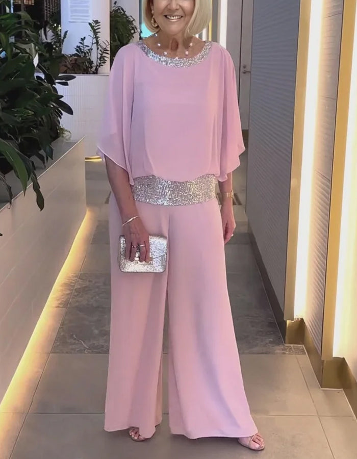 Ensemble deux pièces rose en mousseline à sequins avec haut et pantalon