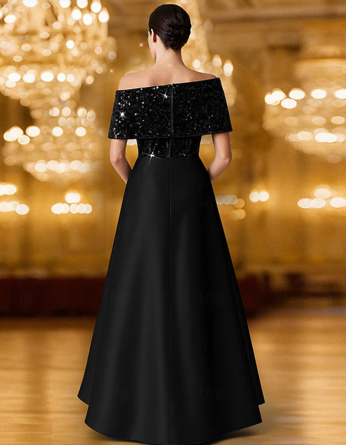 Robe maxi unie à manches courtes, une épaule, pailletée, coupe trapèze