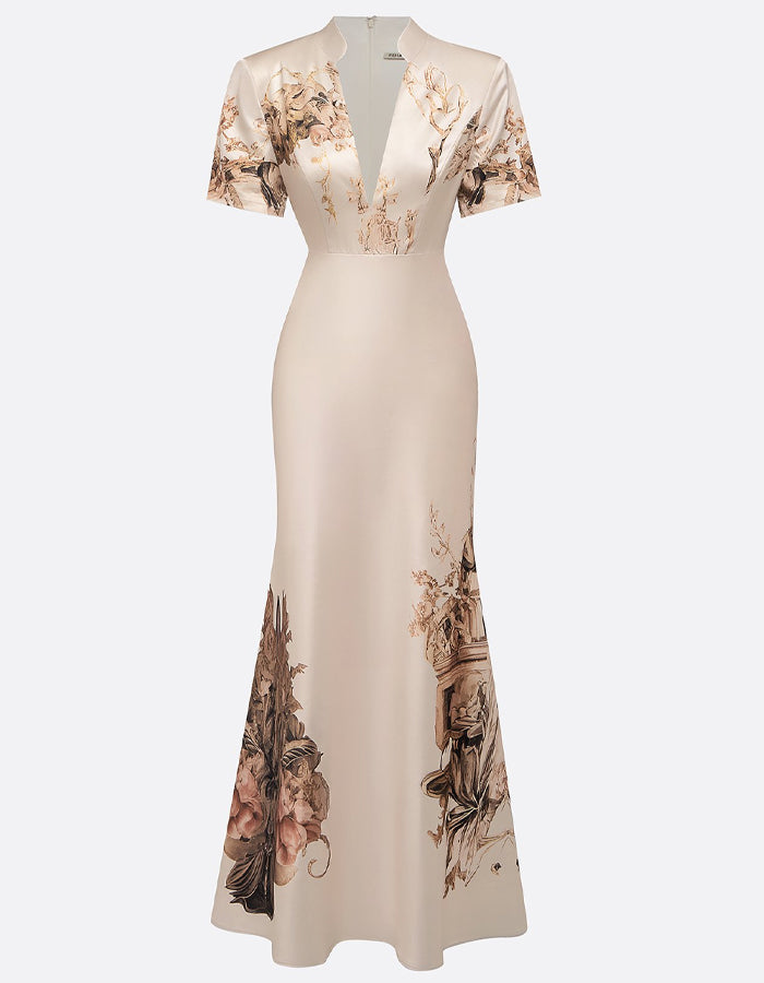 Elegant Cream Satin Gown with Baroque-Inspired Print and Structured Shoulders