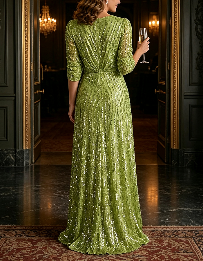 Green Sequin V-Neck Three-Quarter Sleeve Wrap Slit Maxi Dress