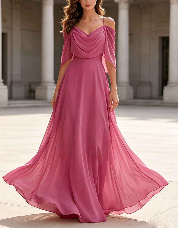 Vestido Maxi de Chiffon Rosa Blush com Decote Cowl Ombro a Ombro
