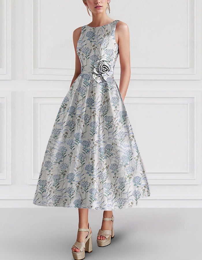 Vestido jacquard floral sin mangas con cuello redondo y corte en A