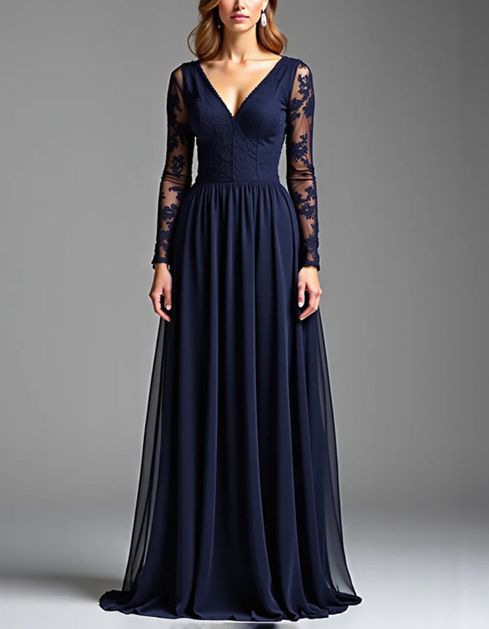 Navy Blue V-neck Lace Chiffon Maxi Dress