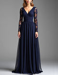 Navy Blue V-neck Lace Chiffon Maxi Dress