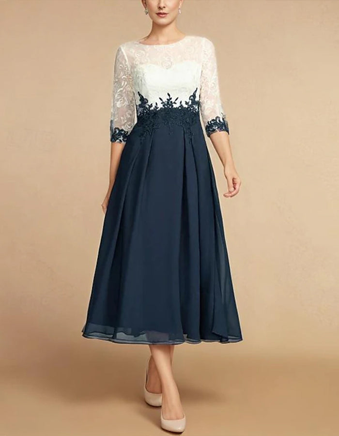 Round Neck Lace Stitching Midi Dress