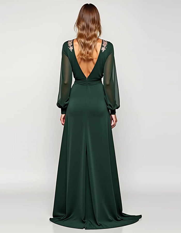 Green A-line V-neck Slit Maxi Dress
