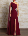 Burgundy One-shoulder Slit Maxi Dress